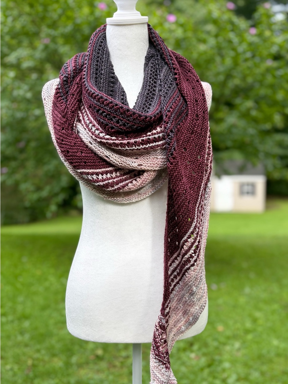 One of a Kind Bespoke Gray & Burgundy Ombré Hand Knit Statement Luxury Wrap